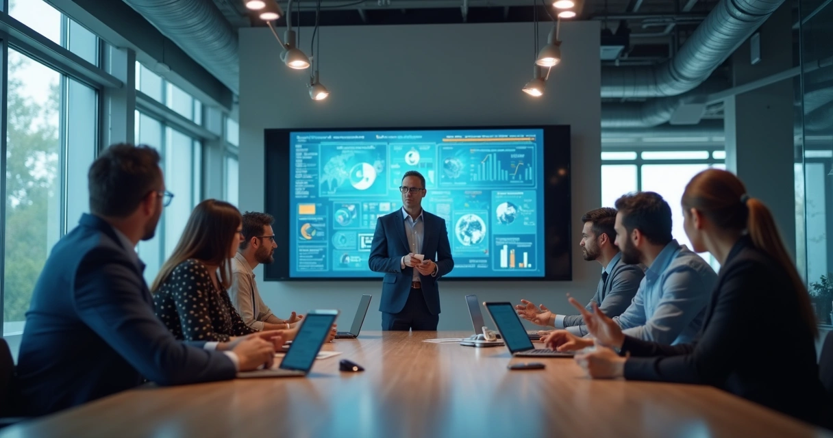 Equipe de gestão, colaboradores e fornecedor discutem usando tablets e painel digital em escritório moderno. 