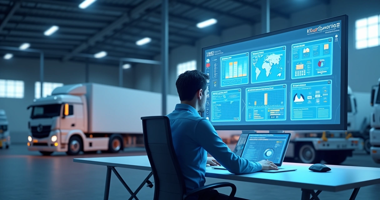 Tela de computador mostrando software de integração logística com conectores entre sistemas