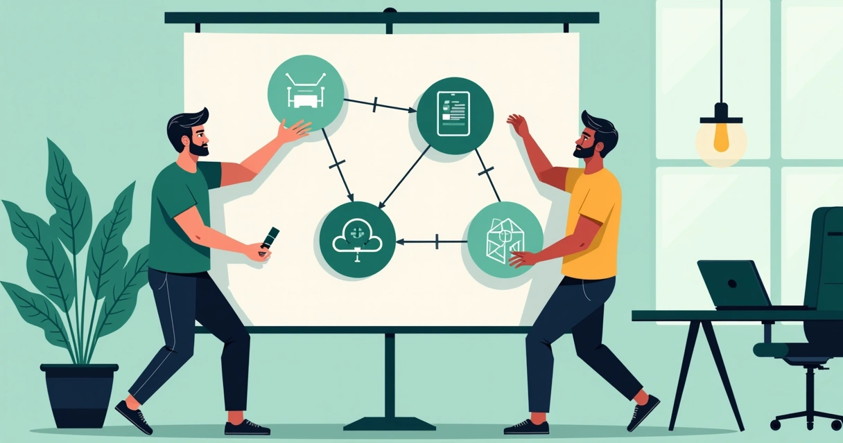 Colaboradores conectando ícones digitais de diferentes sistemas em quadro de integração 