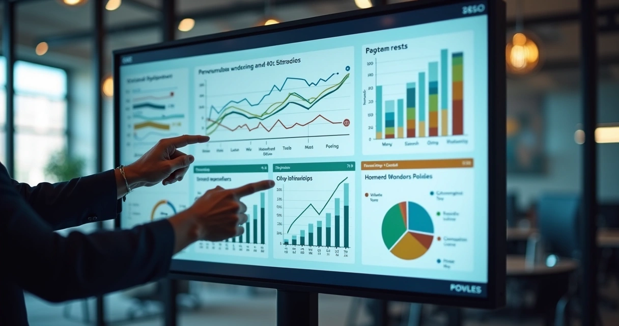 Painel digital mostrando resultados de OKRs e gráficos de desempenho integrado 