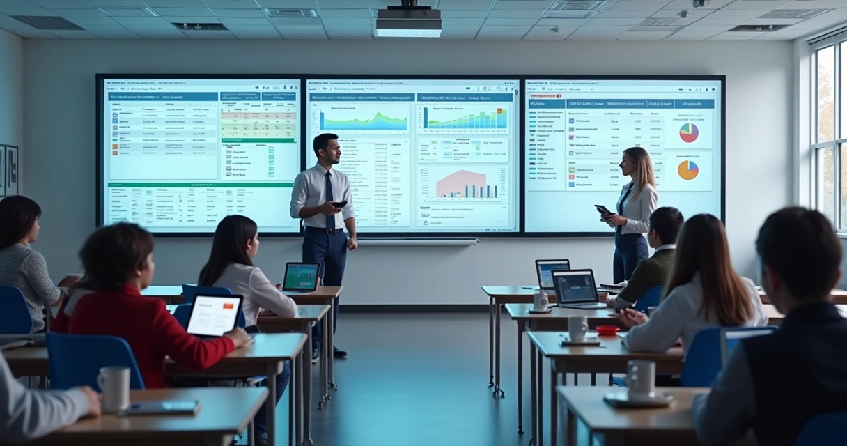 Salas de aula moderna com telas digitais integrando informações de gestão escolar. 