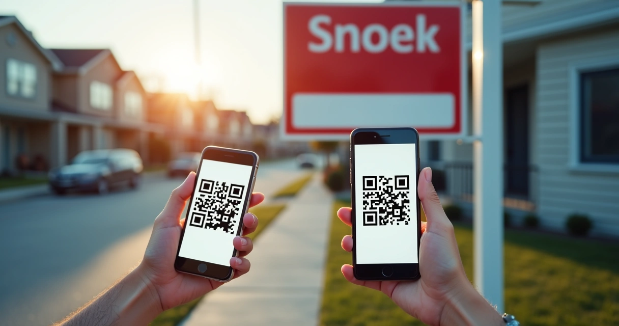 Placa de aluguel com QR code em frente a um imóvel moderno