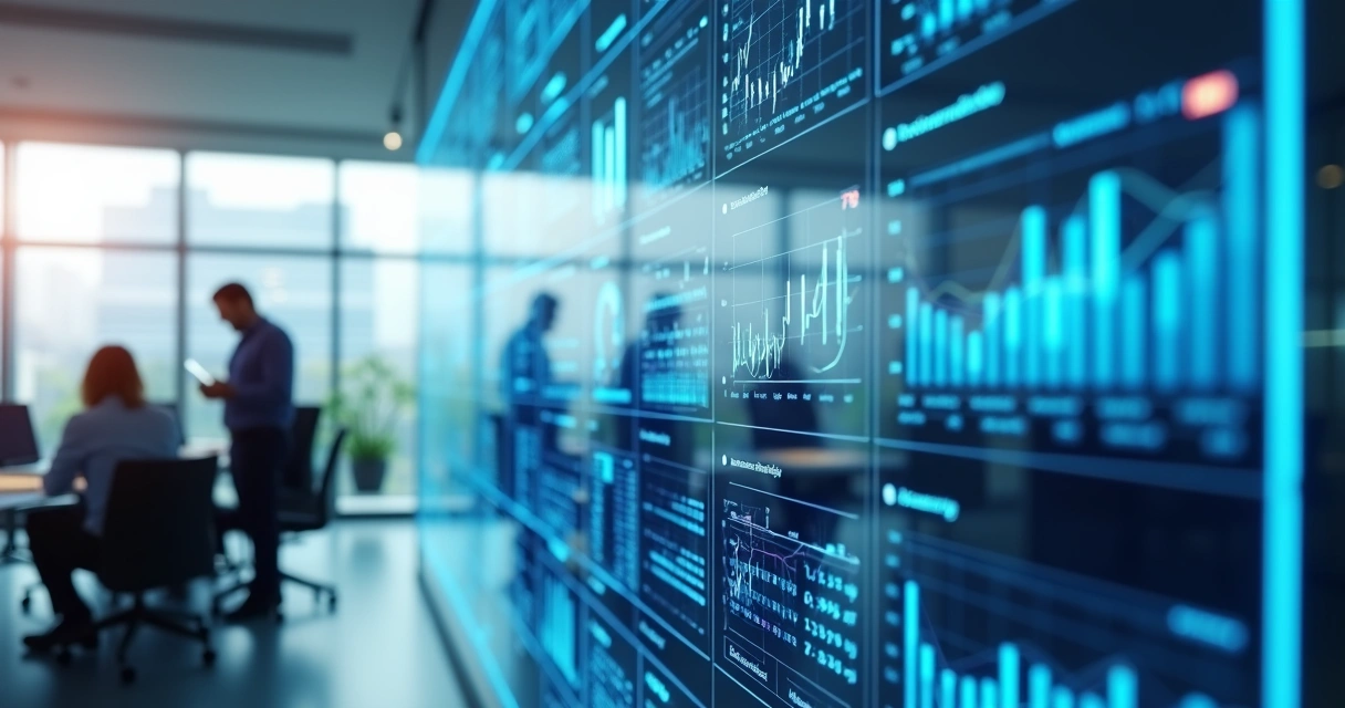 Painel digital com gráficos conectando marketing e vendas no ambiente de escritório 