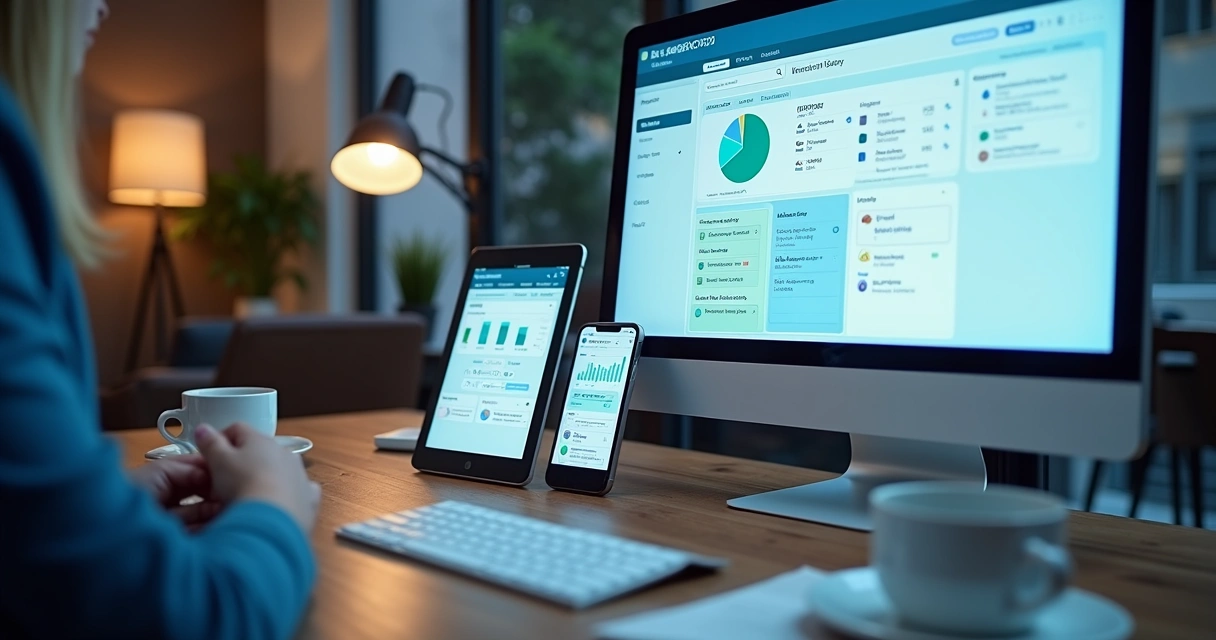 Tela de computador com CRM e celulares com canais digitais de vendas 