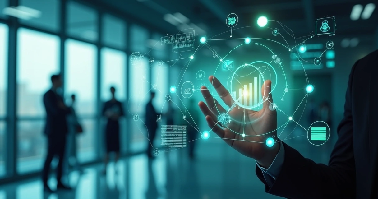 Painel virtual conectando vários indicadores em um ambiente empresarial 