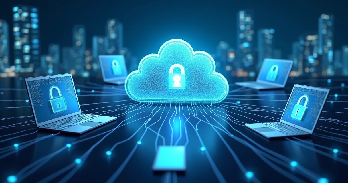 Ilustração de dispositivos conectando usuários a uma nuvem digital segura 