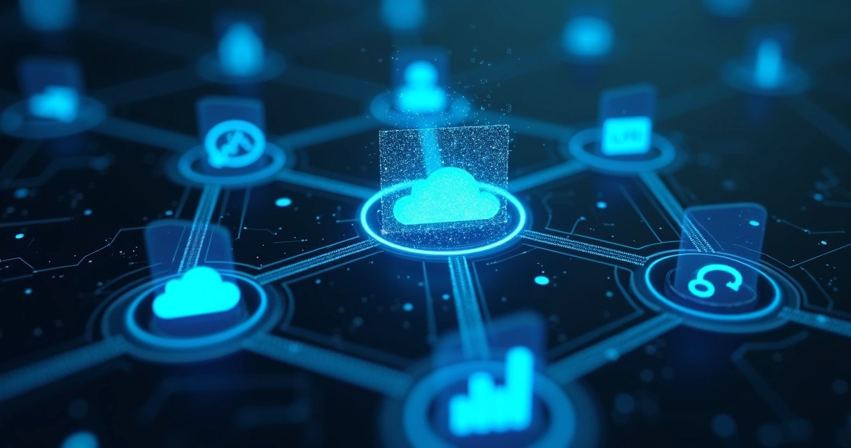 Ilustração de softwares conectados por linhas digitais 