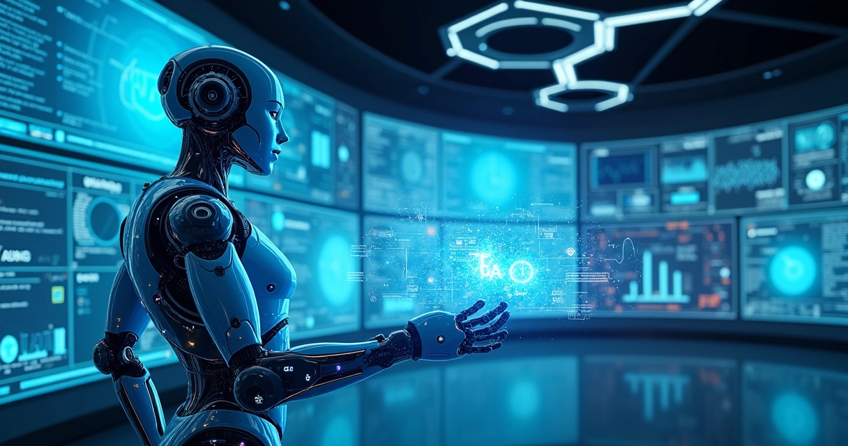 Painel de tecnologia com códigos e robô digital 