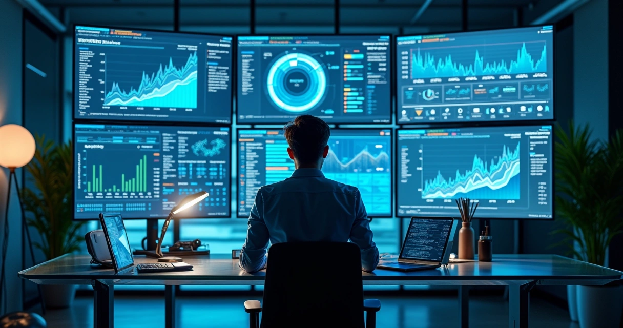 Profissional analisando dados digitais em telas de computador 