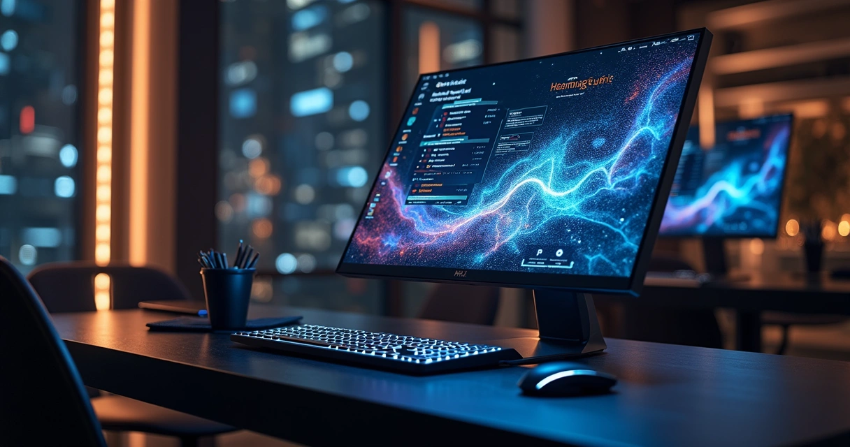 Computador moderno exibindo interface de inteligência artificial com gráficos e códigos digitais na tela 