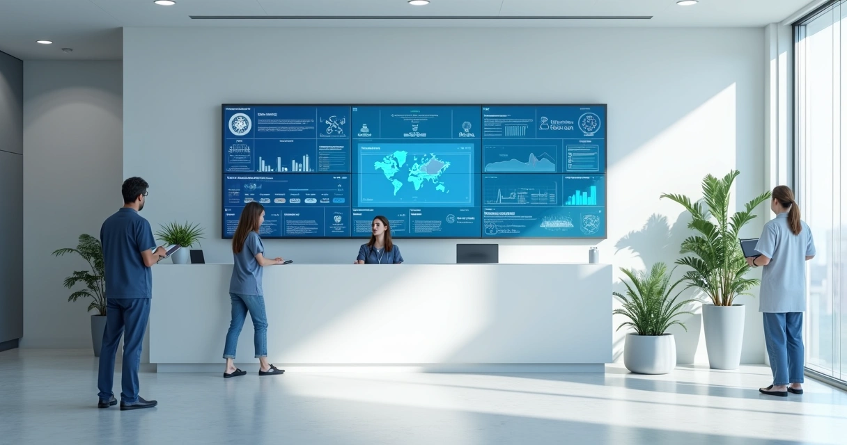 Painel digital de gestão clínica com IA na recepção 