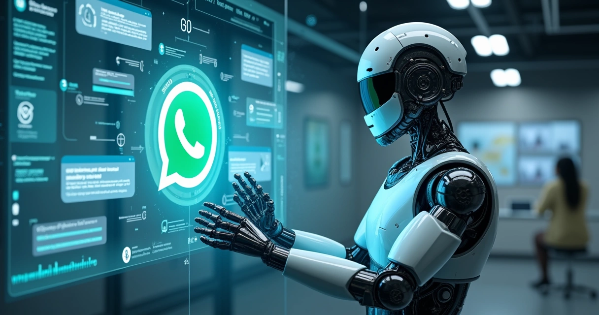Robô digital interagindo em tela de WhatsApp com mensagens internas 