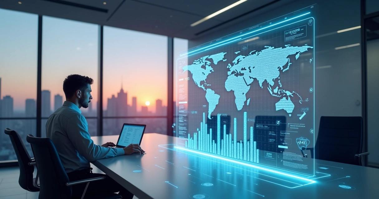 Assistente virtual de inteligência artificial em tela digital interagindo com dados imobiliários e gráficos de vendas 