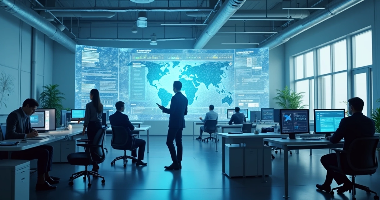 Representação de pessoas colaborando com inteligência artificial em um ambiente corporativo 