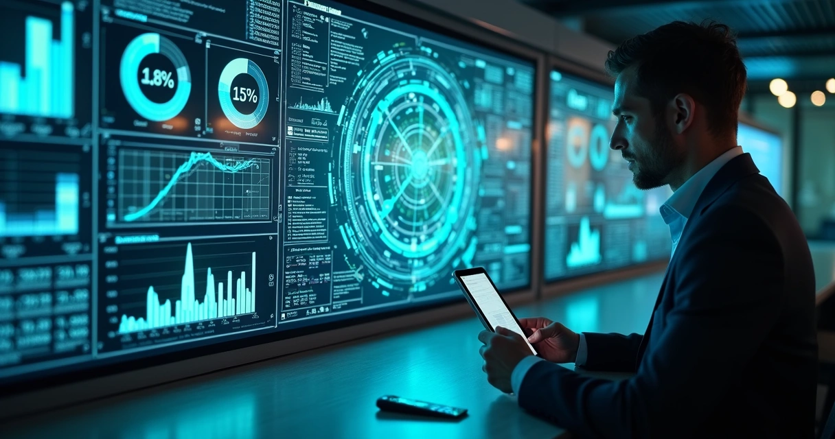 Painel digital com inteligência artificial analisando grandes volumes de dados tributários. 