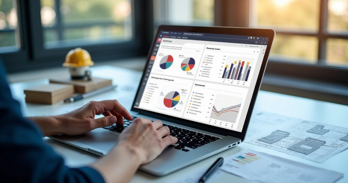 Profissional usando plataforma de inteligência de mercado imobiliário em notebook. 