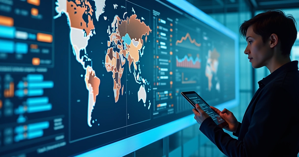 Painel com gráficos, dados e mapa geográfico de clientes potenciais 