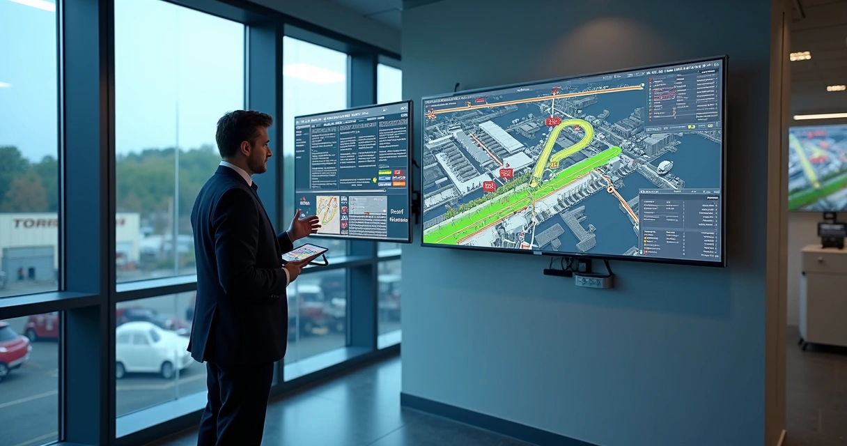 Operador monitora pátio automotivo através de telas com mapas digitais e dados em tempo real 