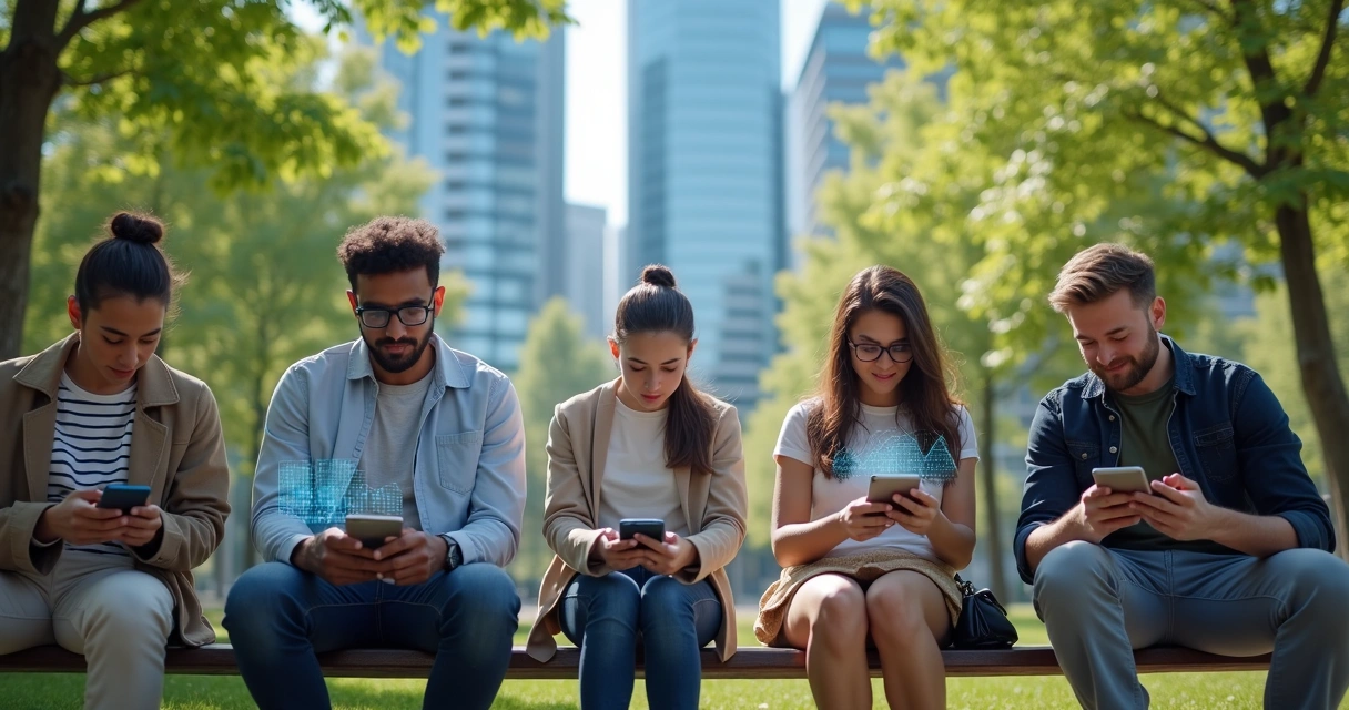 Personas interactuando con dispositivos digitales en un espacio compartido 