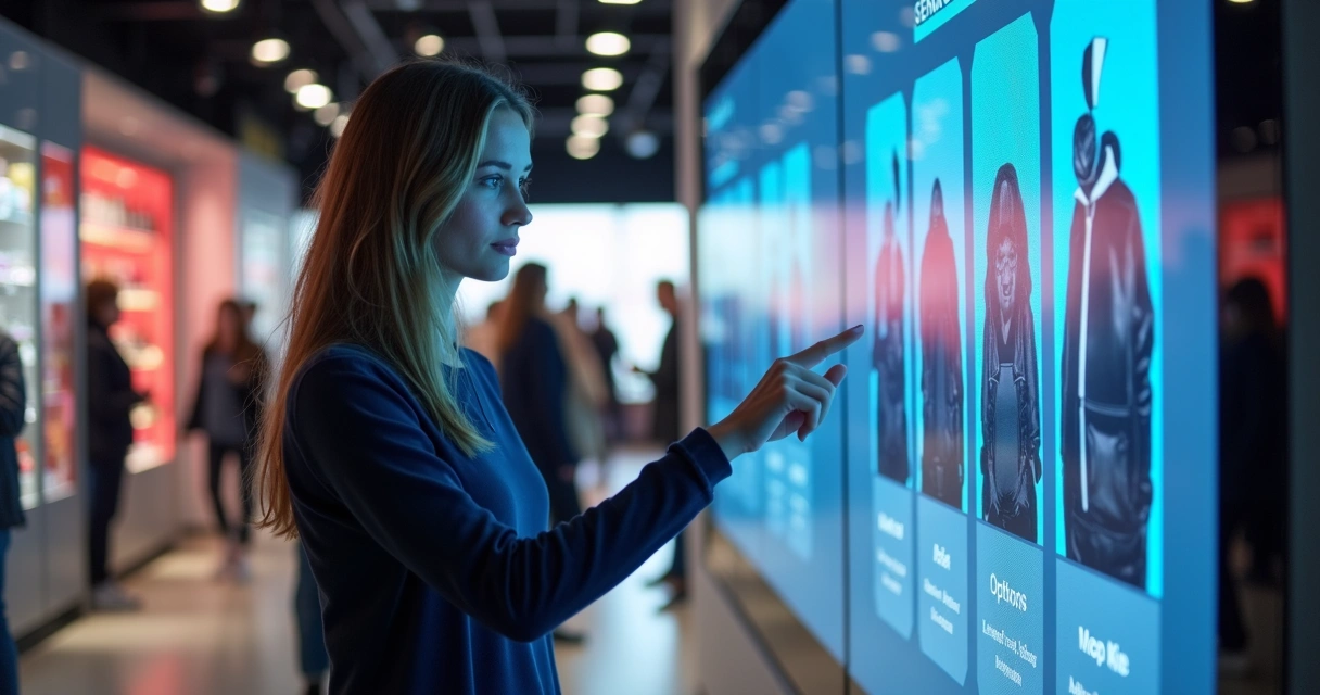 Cliente interagindo com tela digital em loja moderna 