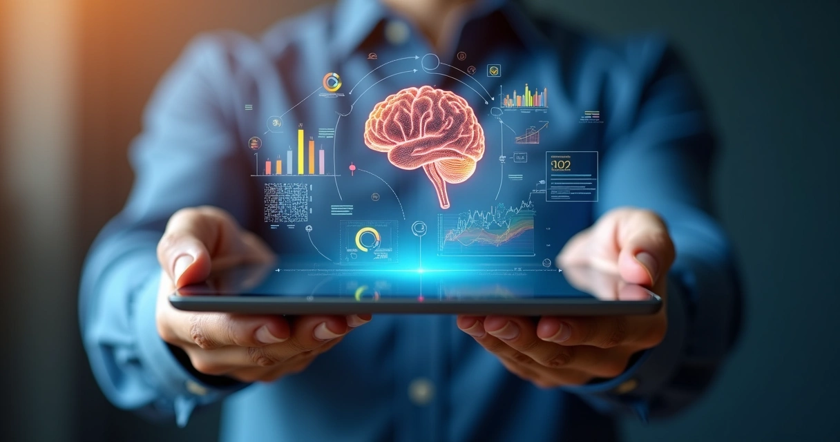Mãos segurando tablet com gráficos e símbolos de IA