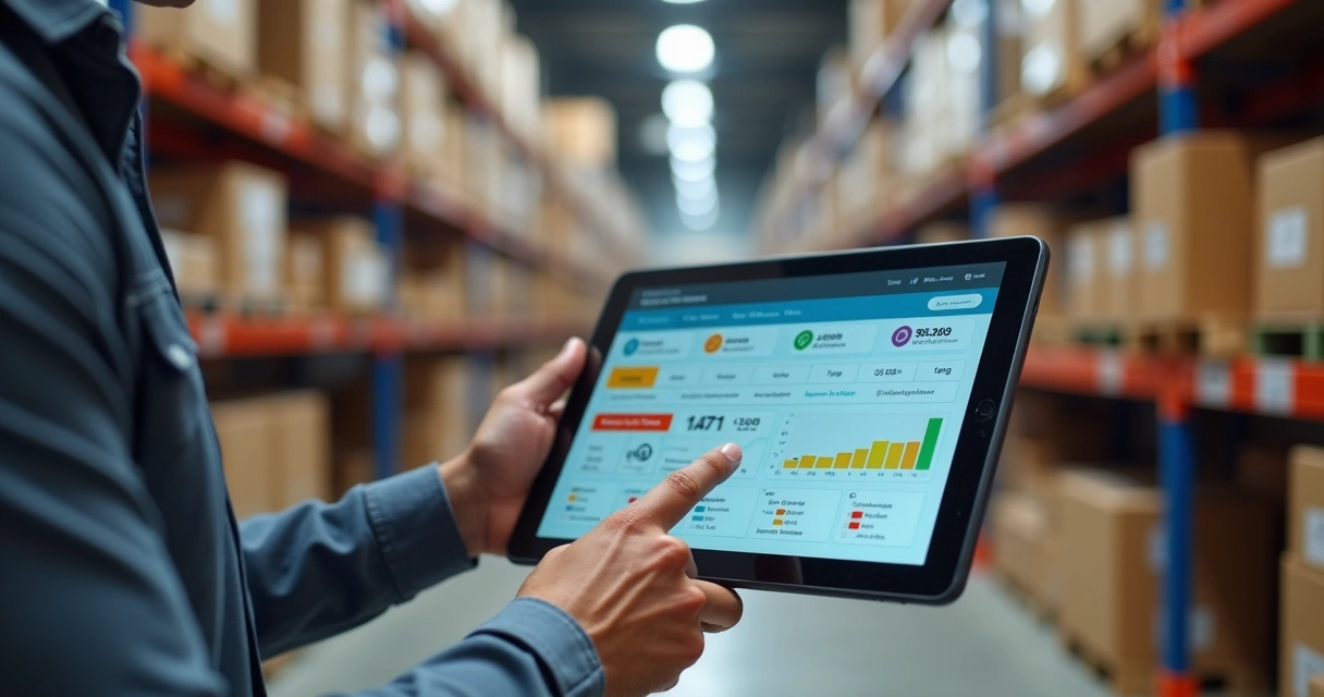 Tablet com tela de inventário aberto em ambiente de estoque
