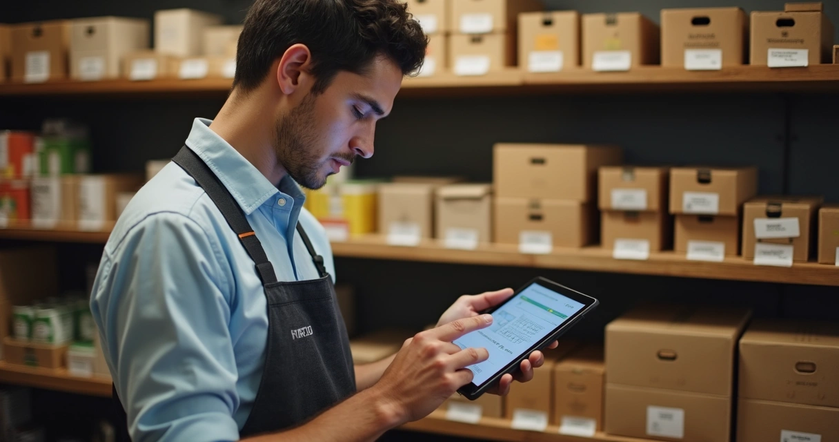 Gestor usando tablet para conferir sistema de fornecedores em estoque. 