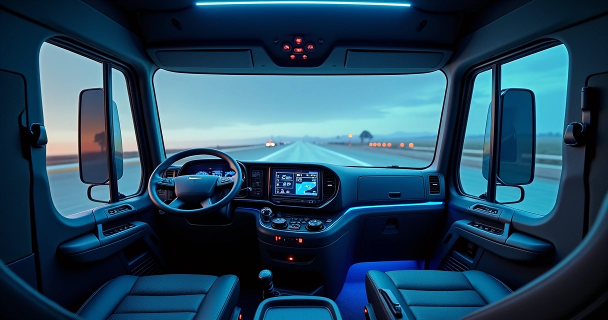 Cabine moderna de caminhão IVECO S-WAY com iluminação azul