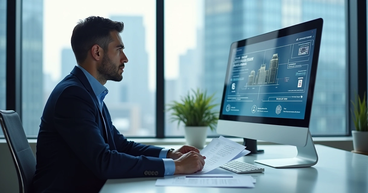 Mulher analisando contratos digitais no computador 