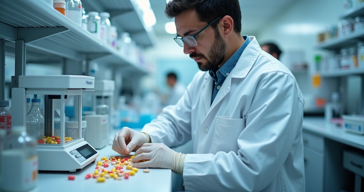 Laboratório de manipulação farmacêutica com farmacêutico manipulando cápsulas