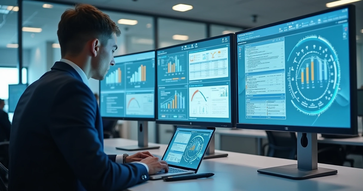Escritório de advocacia digitalizado com diversas telas exibindo softwares jurídicos integrados 