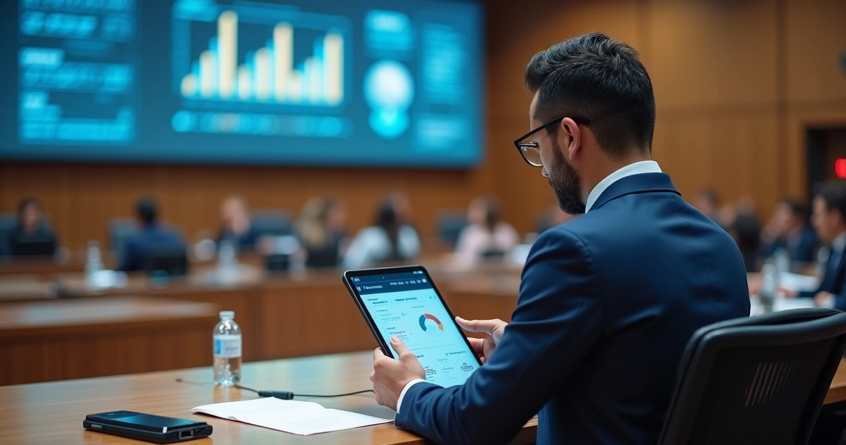 Vereador utilizando tablet com IA em sessão na câmara 