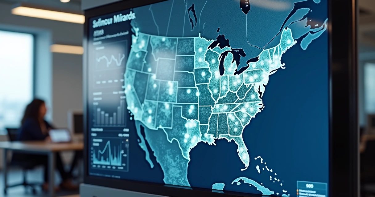 Painel digital mostrando mapa e gráficos de leilões em andamento 
