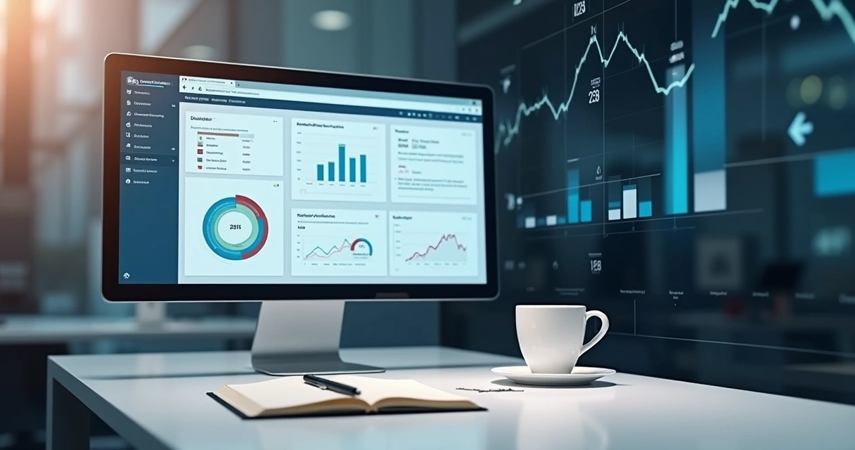 Computador mostrando software de gestão de licitações.