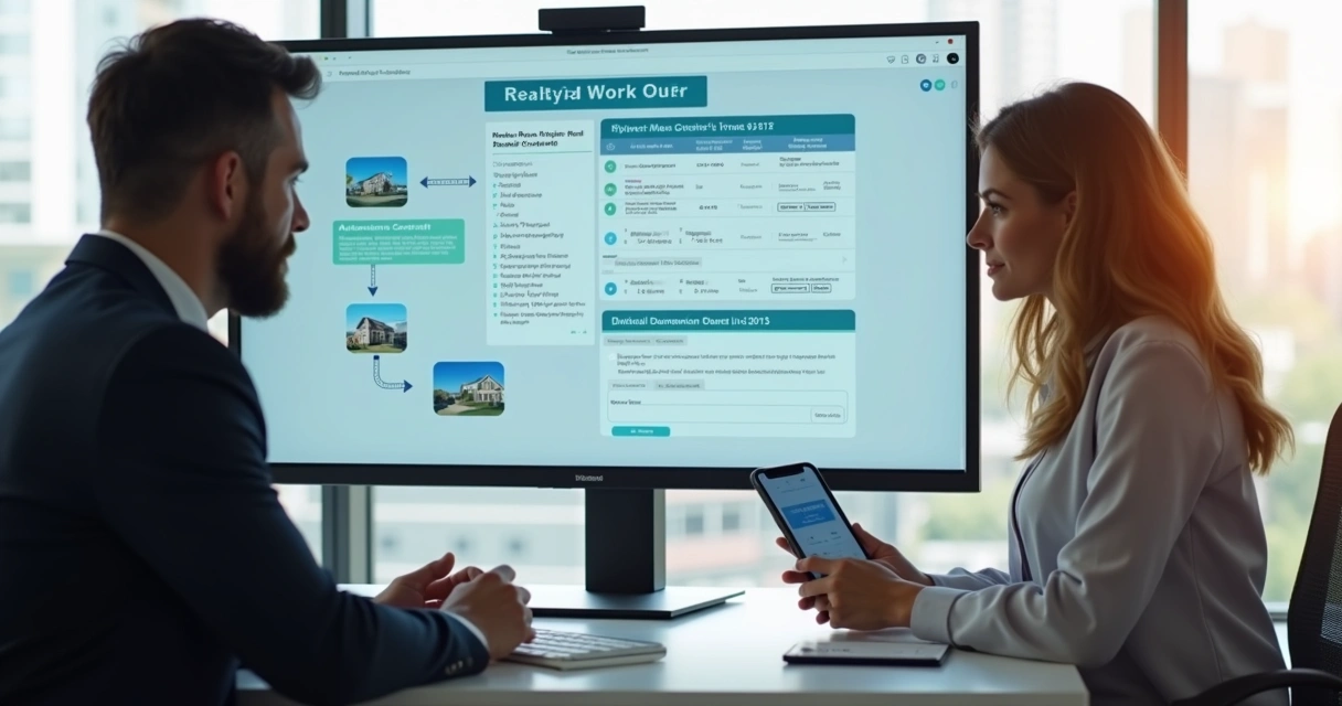 Corretor mostrando sistema digital de locação para cliente 