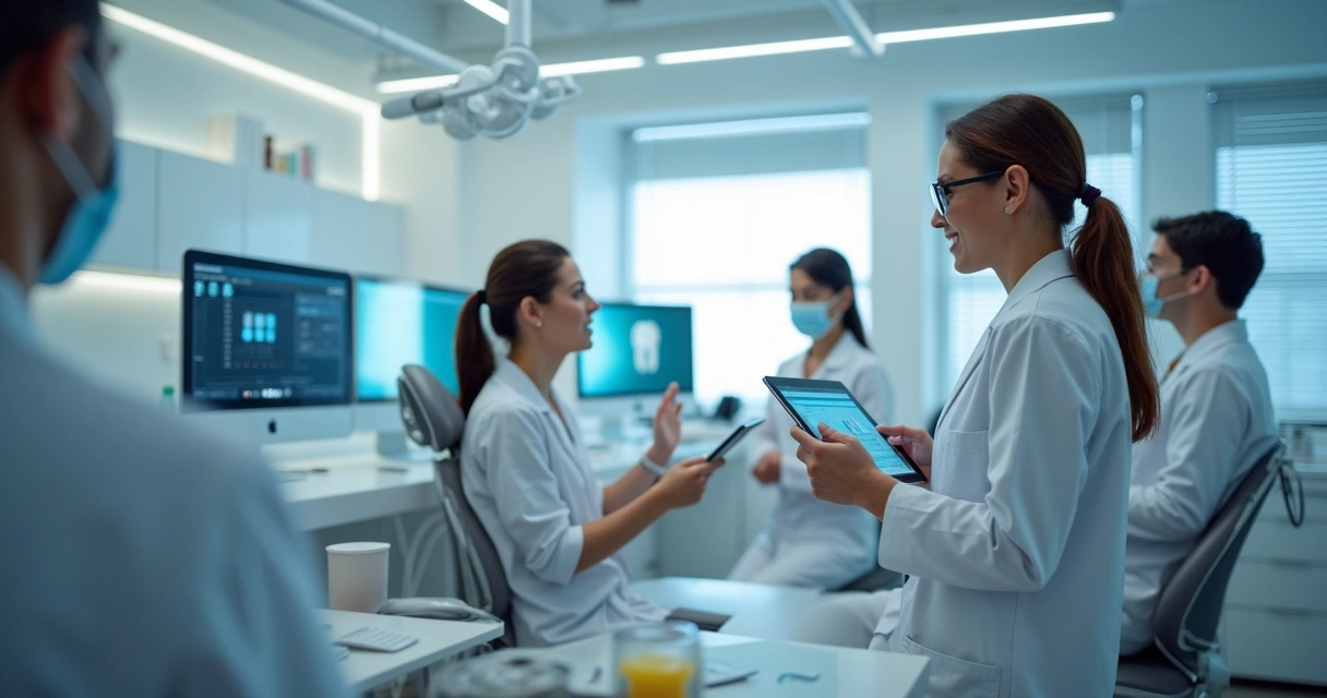 Clínica odontológica moderna com equipe usando tablets e computadores