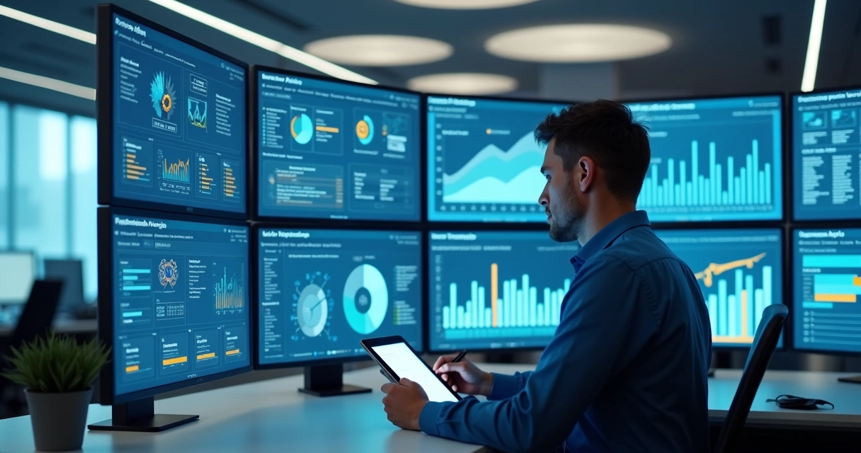 Profissional analisando painéis de marketing digital em múltiplos monitores 