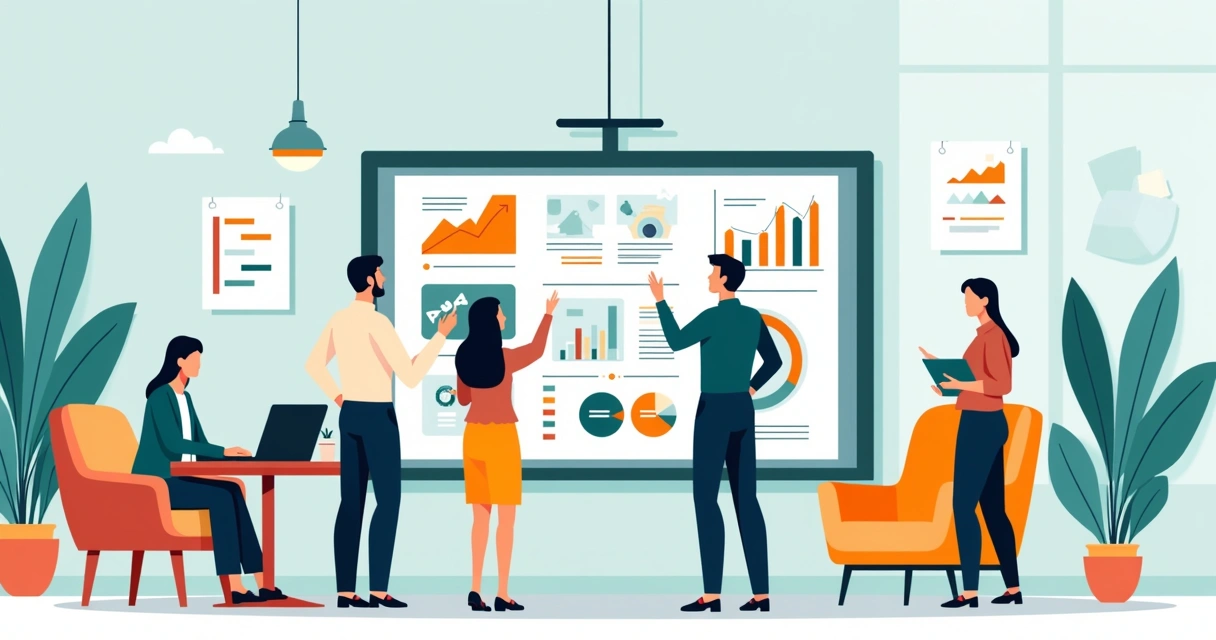 Equipes de marketing e tecnologia colaborando em um mural digital 