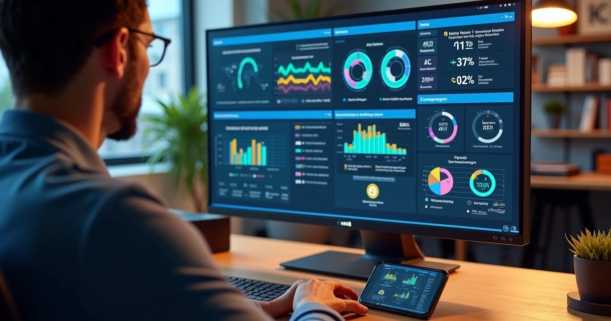Gestor de eventos esportivos analisando painel de dados digitais.