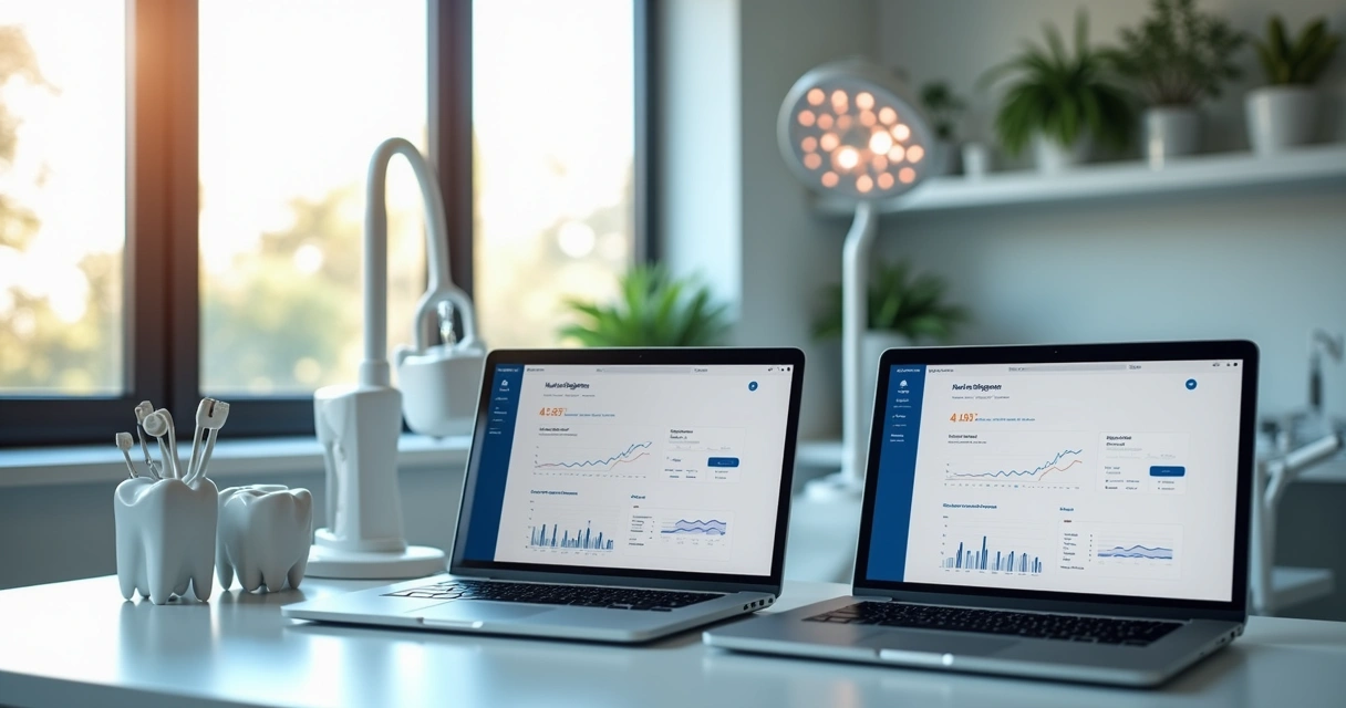 Computadores com dashboards de marketing e aparelhos odontológicos sobre a mesa 