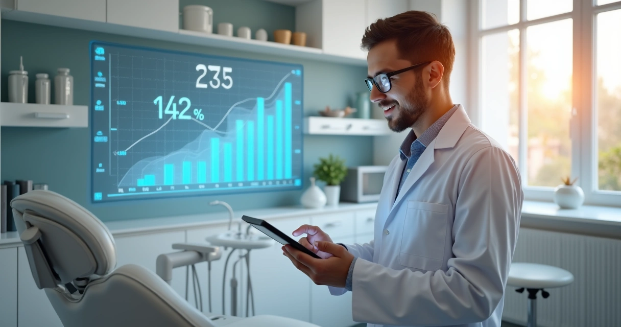 Dentista usando tablet no consultório com gráfico de crescimento ao fundo 