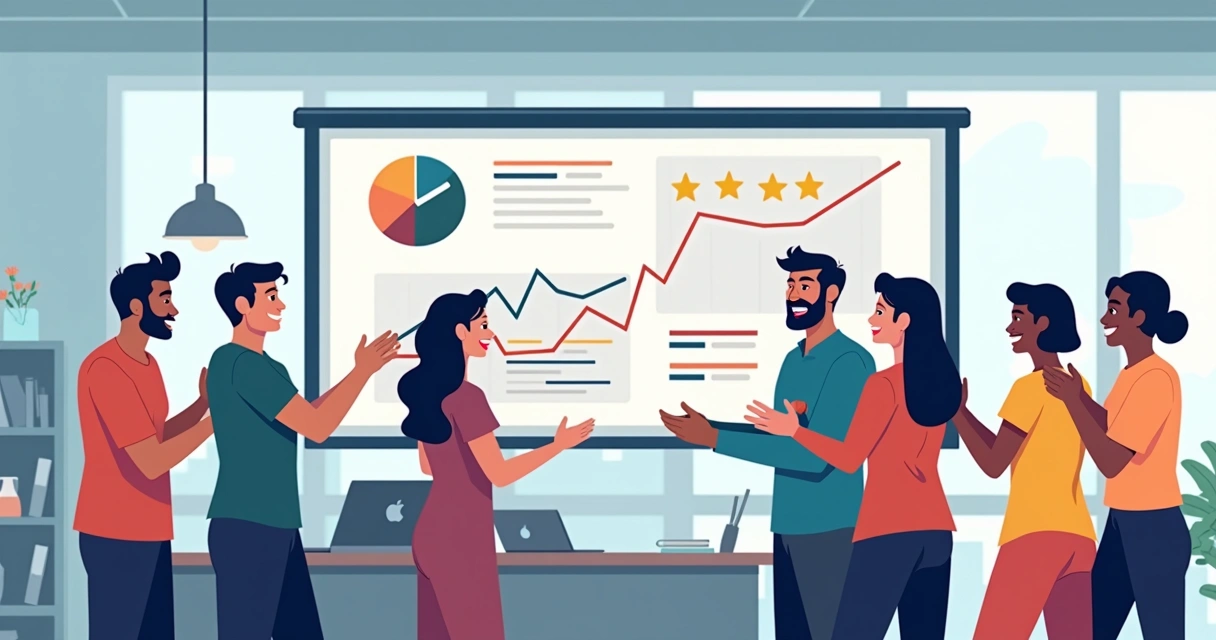 Equipe de ecommerce analisando painel digital, comemorando gráficos positivos em vendas e reputação nos marketplaces 