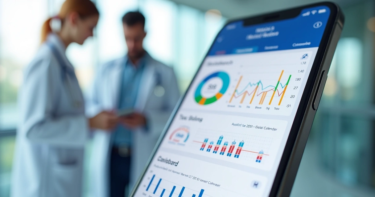 Aplicativo de contabilidade médica em tela com gráficos coloridos e médicos ao fundo 