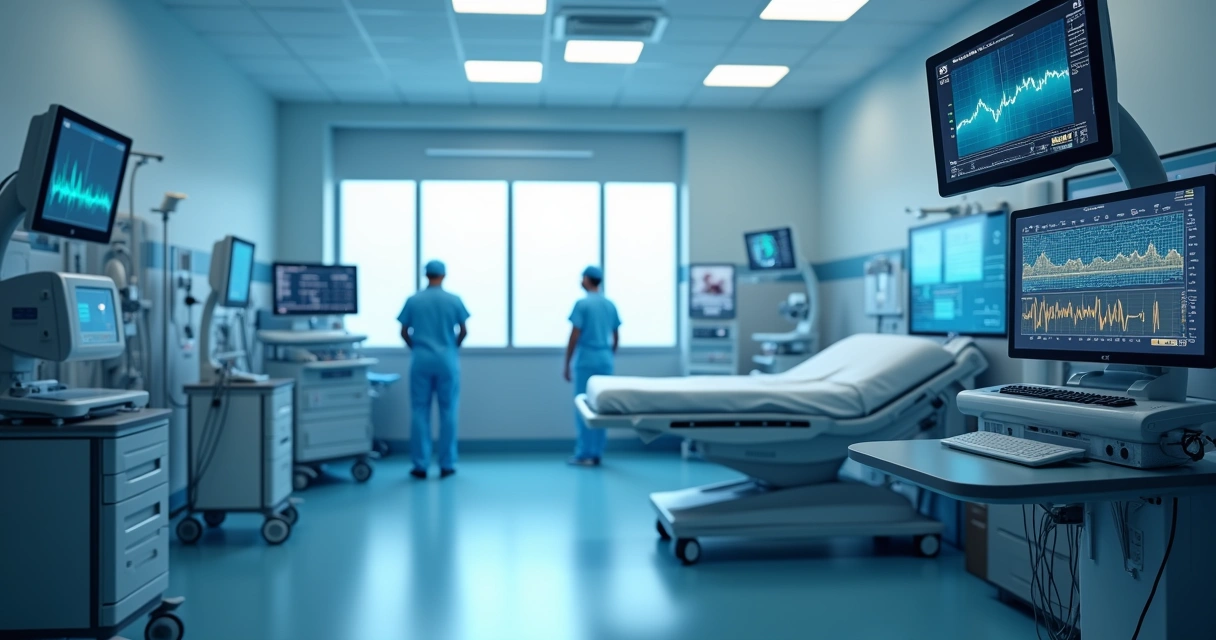 Equipamentos médicos modernos com telas digitais e dados integrados 