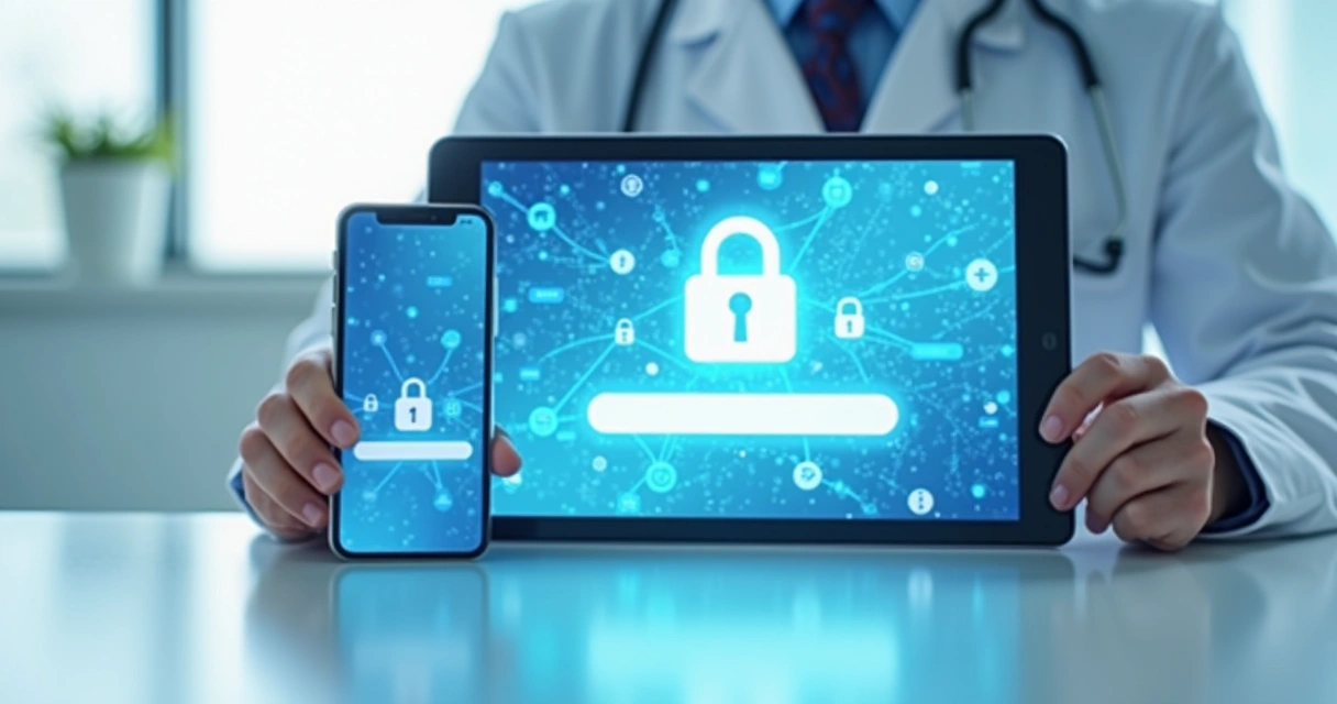 Representação de tecnologia médica segura com dispositivos e cadeado 