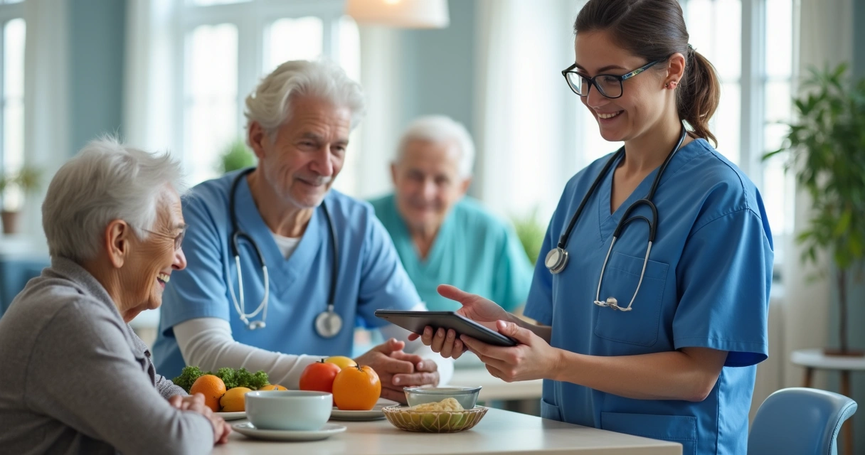 Profissional de saúde usando tablet para registro nutricional em ambiente de ILPI 