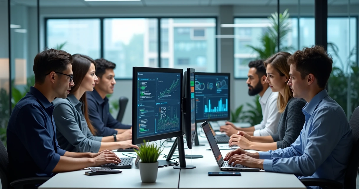 Equipe de TI utilizando computadores modernos em um escritório corporativo 
