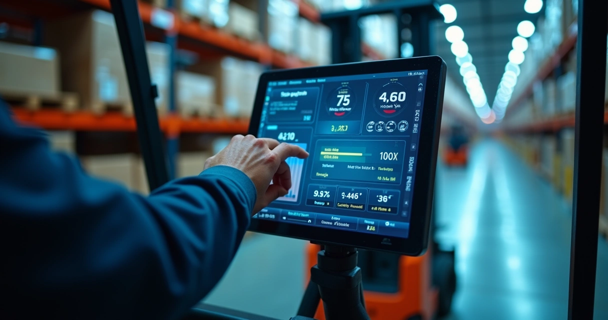 Painel digital de monitoramento de empilhadeira em operação industrial