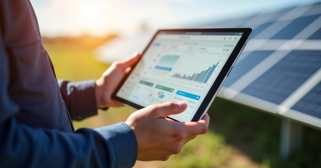 Técnico monitorando sistema de energia solar em tablet 