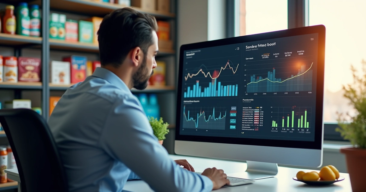 Tela de computador com gráficos de estoque e sinal de alerta sobre validade dos produtos 